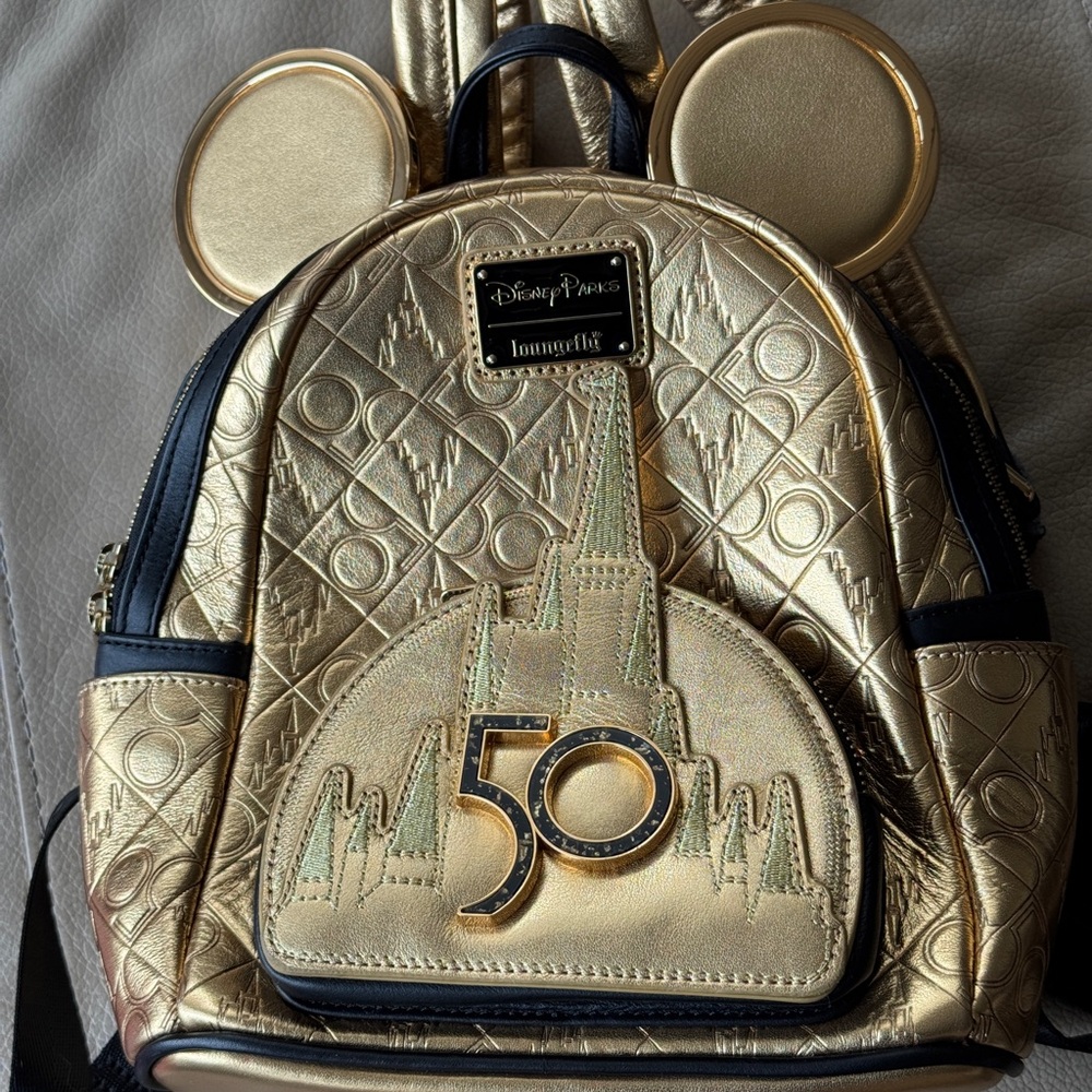Loungefly Mickey 50th anniversary Disney Parks Genuine Gold Leather Backpack